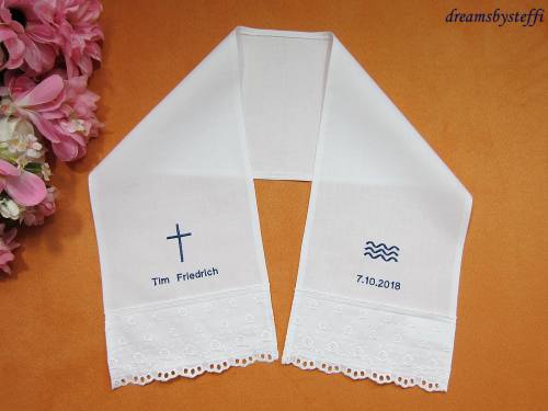 Taufschal mit Spitze Kreuz-Wellen Leinwandb.