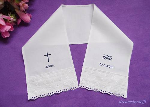 Taufschal mit Spitze Kreuz-Wellen Leinwandb.